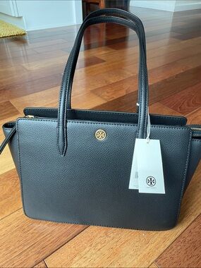 Tory Burch Black Pebbled Leather Double-Handle Tote with Gold Logo